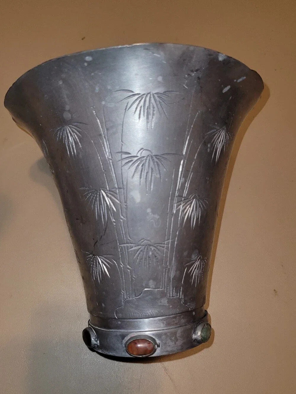 Chinese pewter vase With semi-precious stones From 1900 -1949.